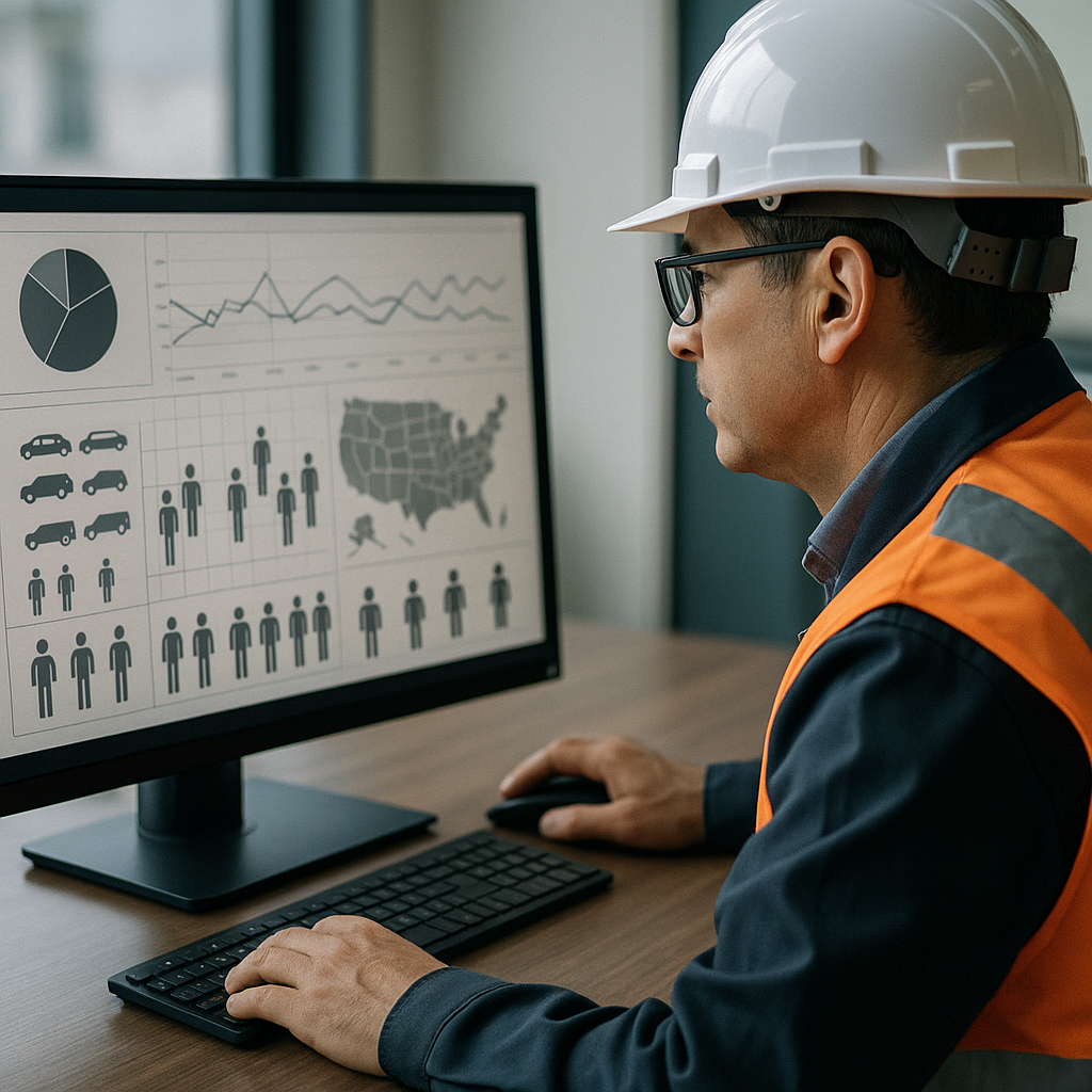 Safety professional analyzing integrated fleet and field worker safety data dashboard No visible text no words no letters