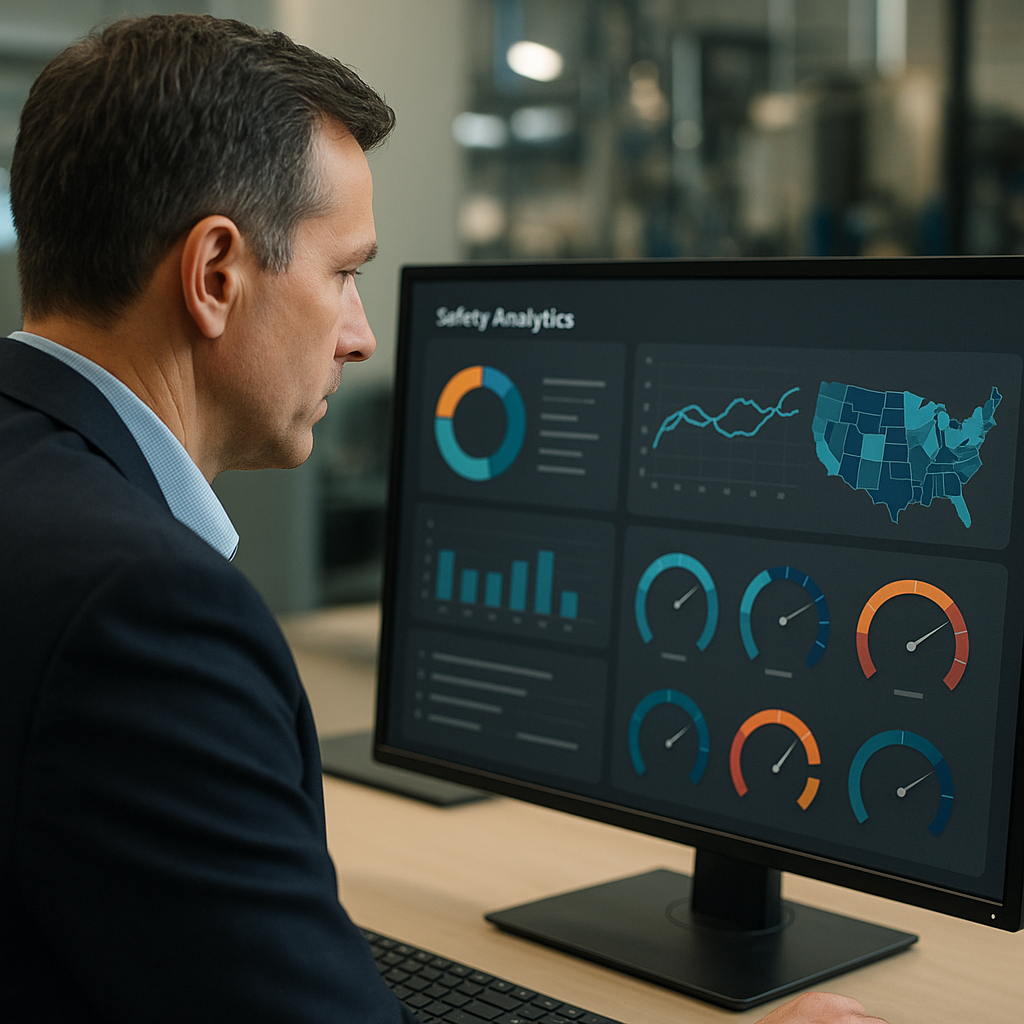 Professional reviewing safety analytics dashboard showing risk intelligence metrics for manufacturing facilities